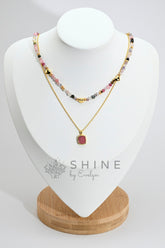 Rainbow Heart Tourmaline and Rhodochrosite Gemstone Necklace Set - Shine by Evelyn - C0640S